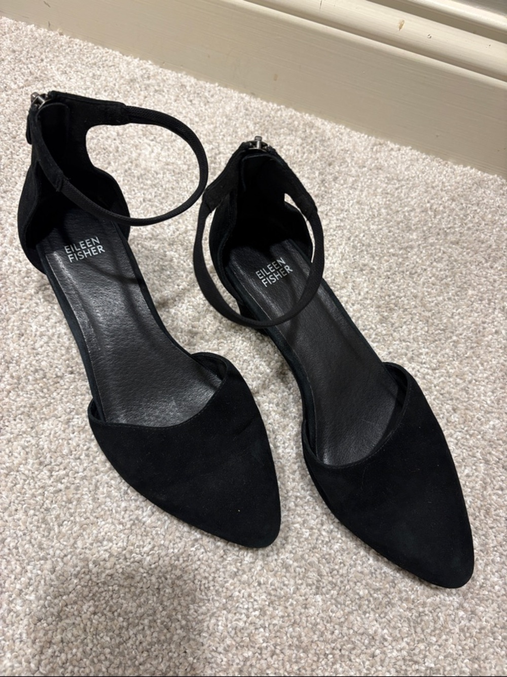 Eileen Fisher Black Suede Pointed-Toe Ankle-Strap Heels